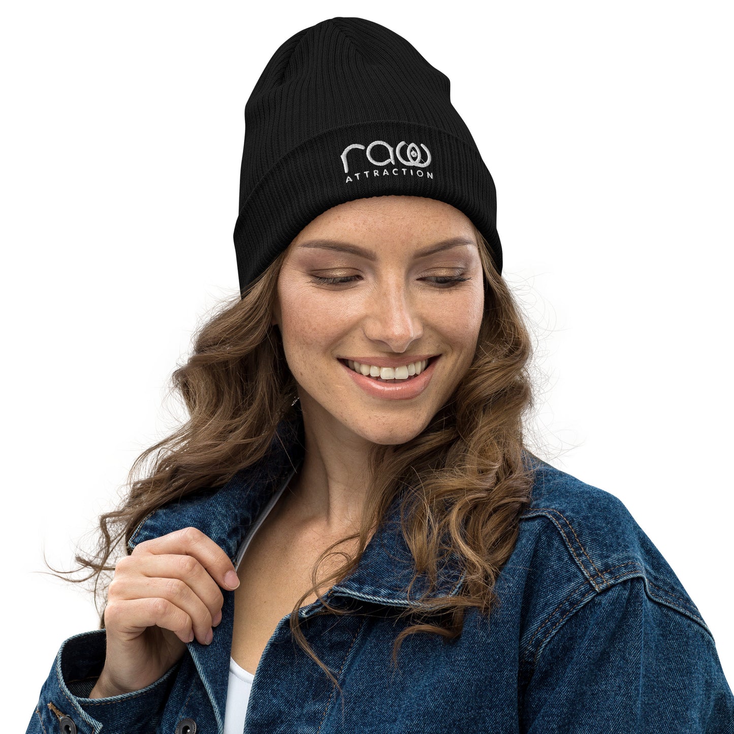 100% Organic Cotton Ribbed Raw Attraction Embroidered Beanie